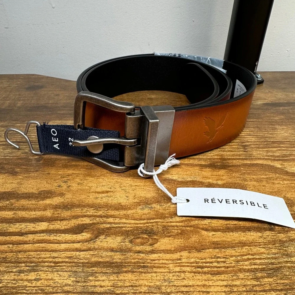 NEW American Eagle Mens Reversible Buffalo Leather Belt Black Brown Size 32